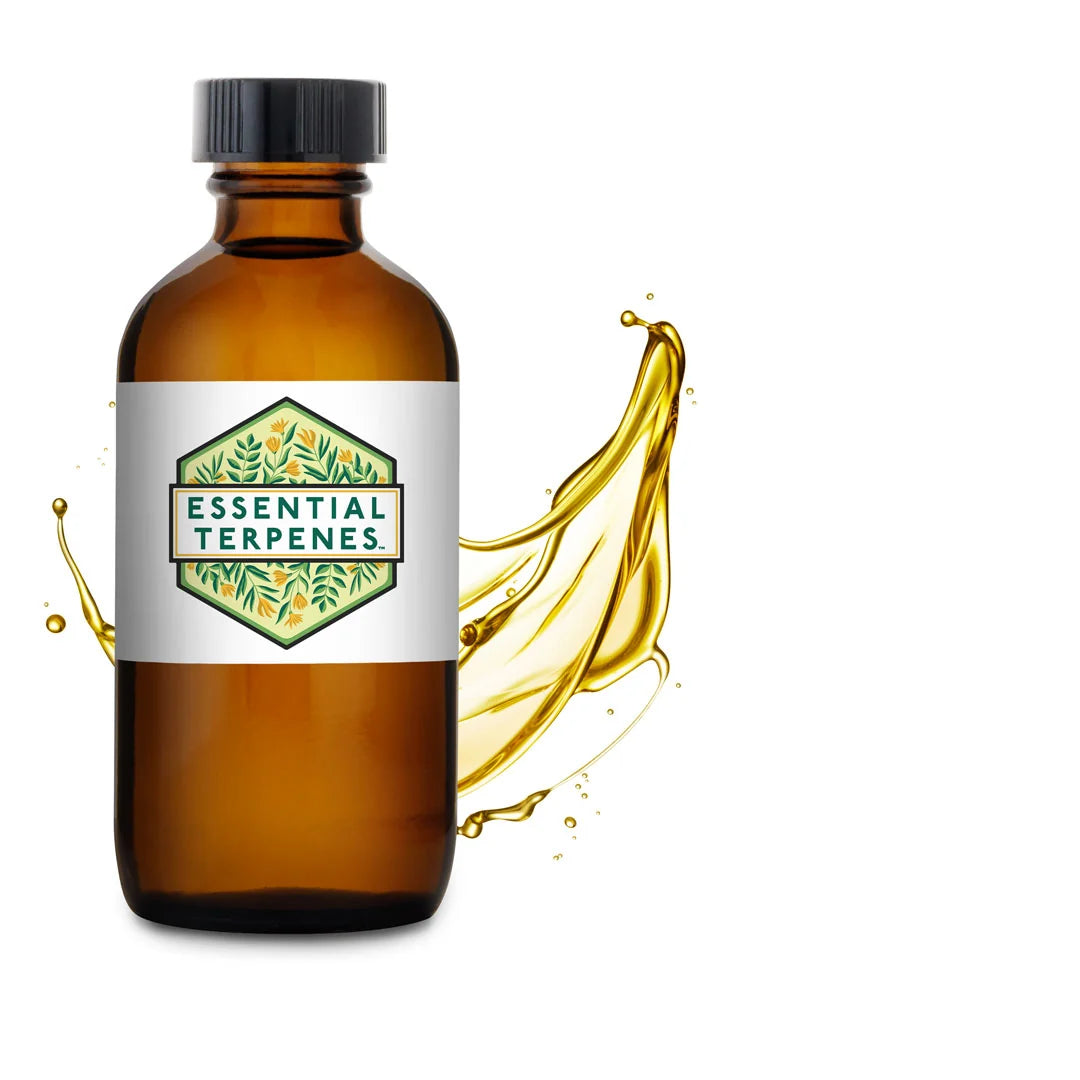 Brown bottle labeled 'Essential Terpenes' with a droplet effect on a white background